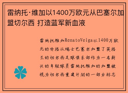 雷纳托·维加以1400万欧元从巴塞尔加盟切尔西 打造蓝军新血液 雷纳托·维加以1400万欧元从巴塞尔加盟切尔西 打造蓝军新血液